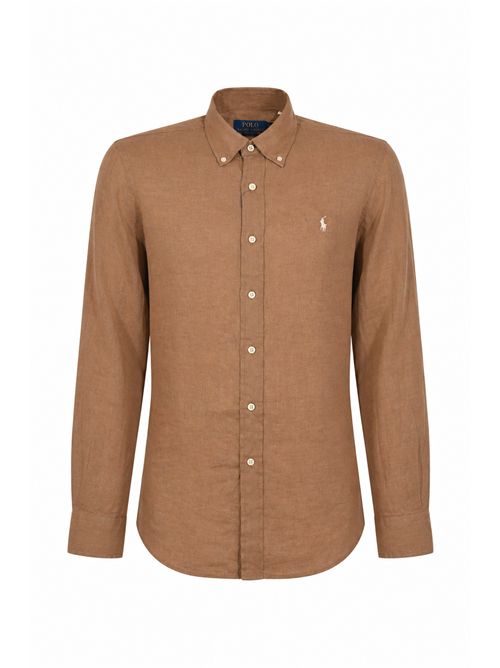 Camicia button-down in lino Brown